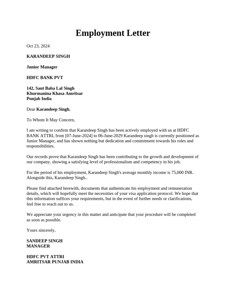 Employment Letter For Visa | PDF | Career & Growth
