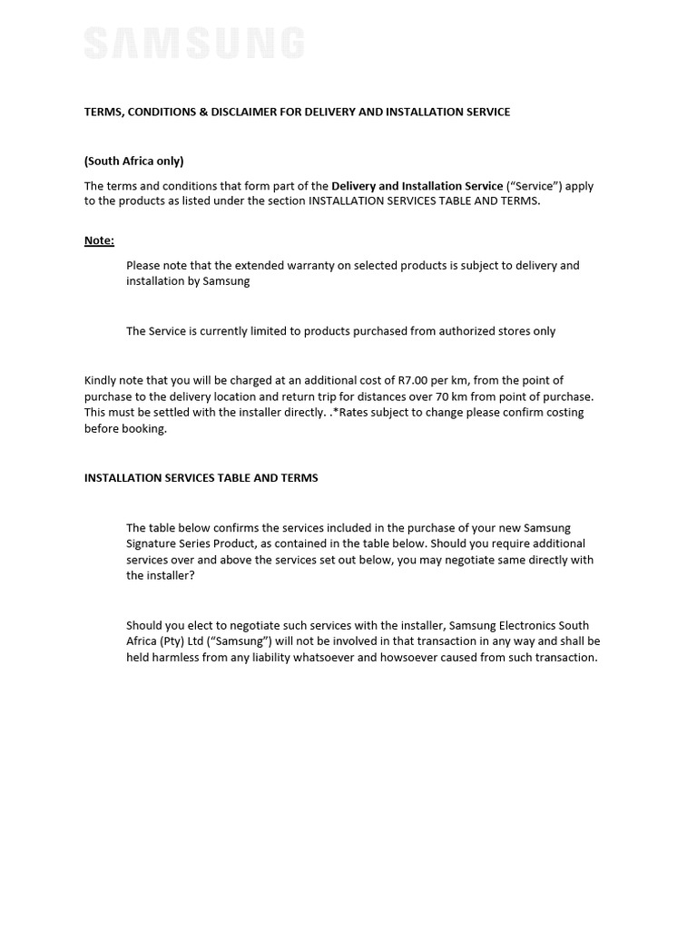 Samsung Installation Service Terms | PDF