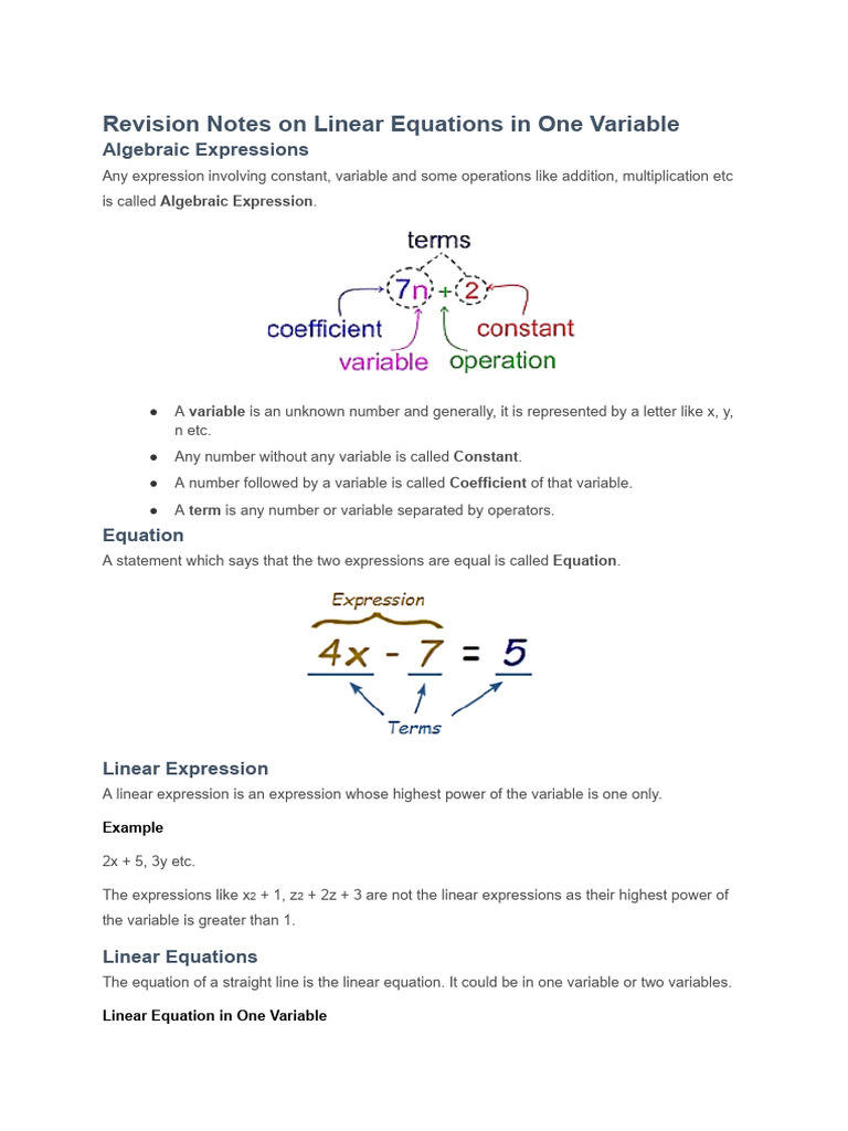 Revision Notes On Linear Equations in One Variable | PDF | Equations ...