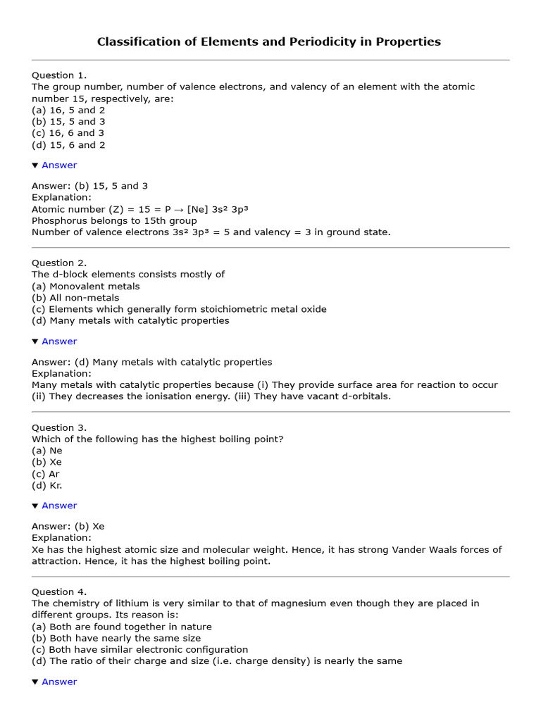 Element Classification and Properties Quiz | PDF | Periodic Table ...