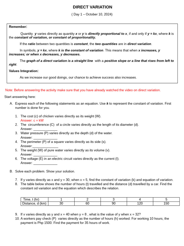 Direct Variation Concepts and Problems | PDF | Ratio | Electrical ...