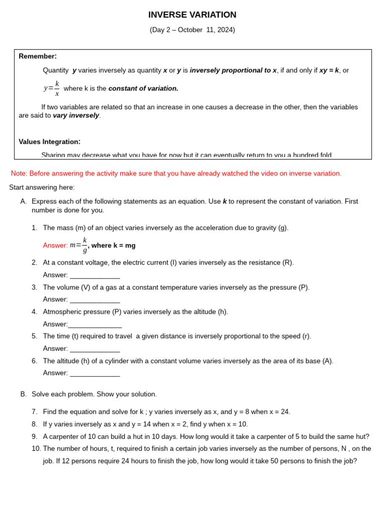 INVERSE VARIATION Day2 | PDF | Teaching Methods & Materials