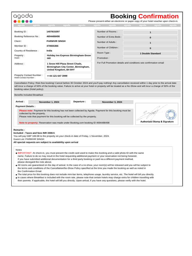 Hotel Booking Confirmation-1 | PDF | Credit Card | Payments
