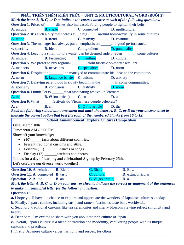 Tiếng anh GLOBAL SUCCESS 12 BÀI LÀM THÊM MULTICULTURAL WORD (BUỔI 2