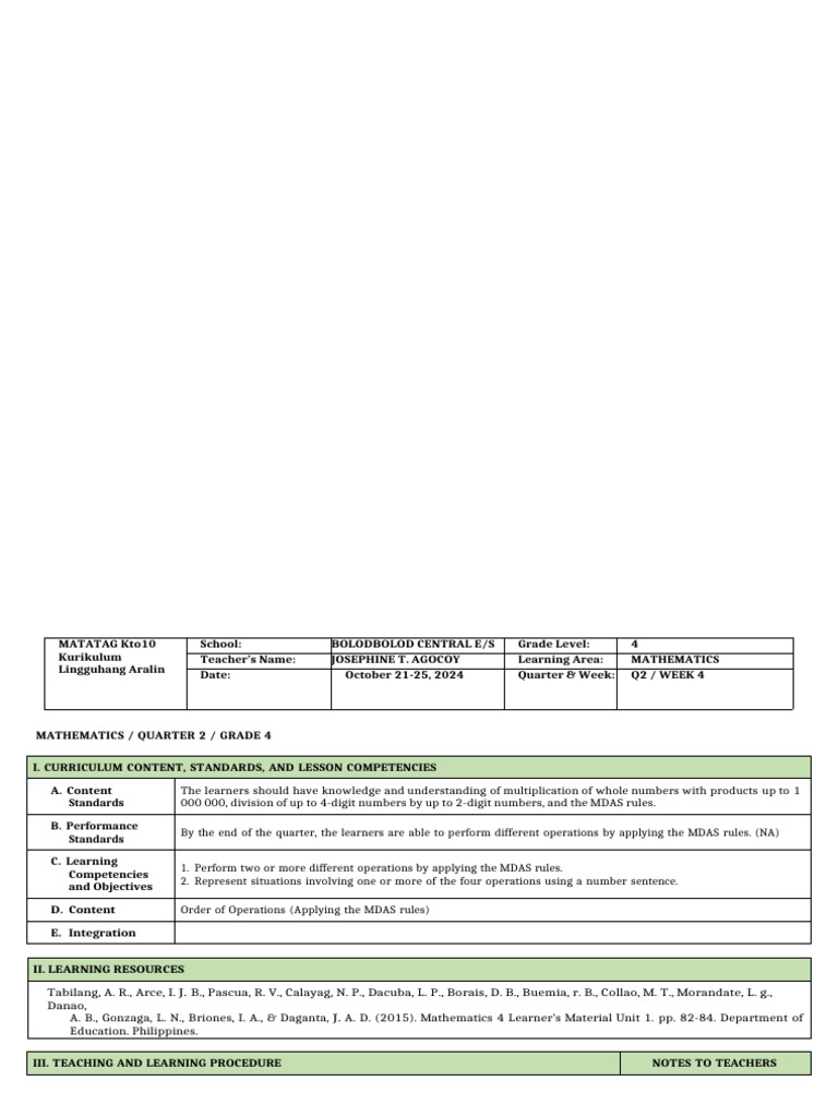 MDAS Operations for Grade 4 Math | PDF | Multiplication | Learning