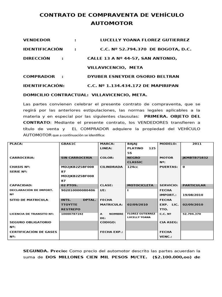 Contrato de Compraventa de Motocicleta | PDF | Finanzas y dinero