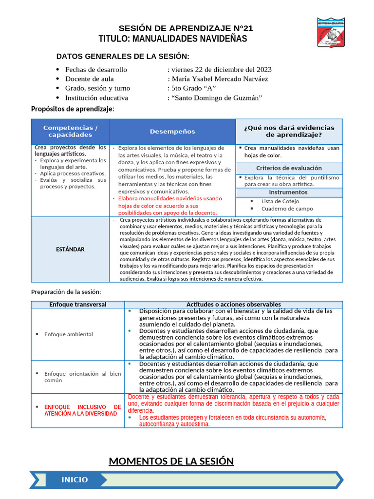 Sesión de Aprendizaje Nro 21 - Arte y Cultura | PDF | Aprendizaje ...