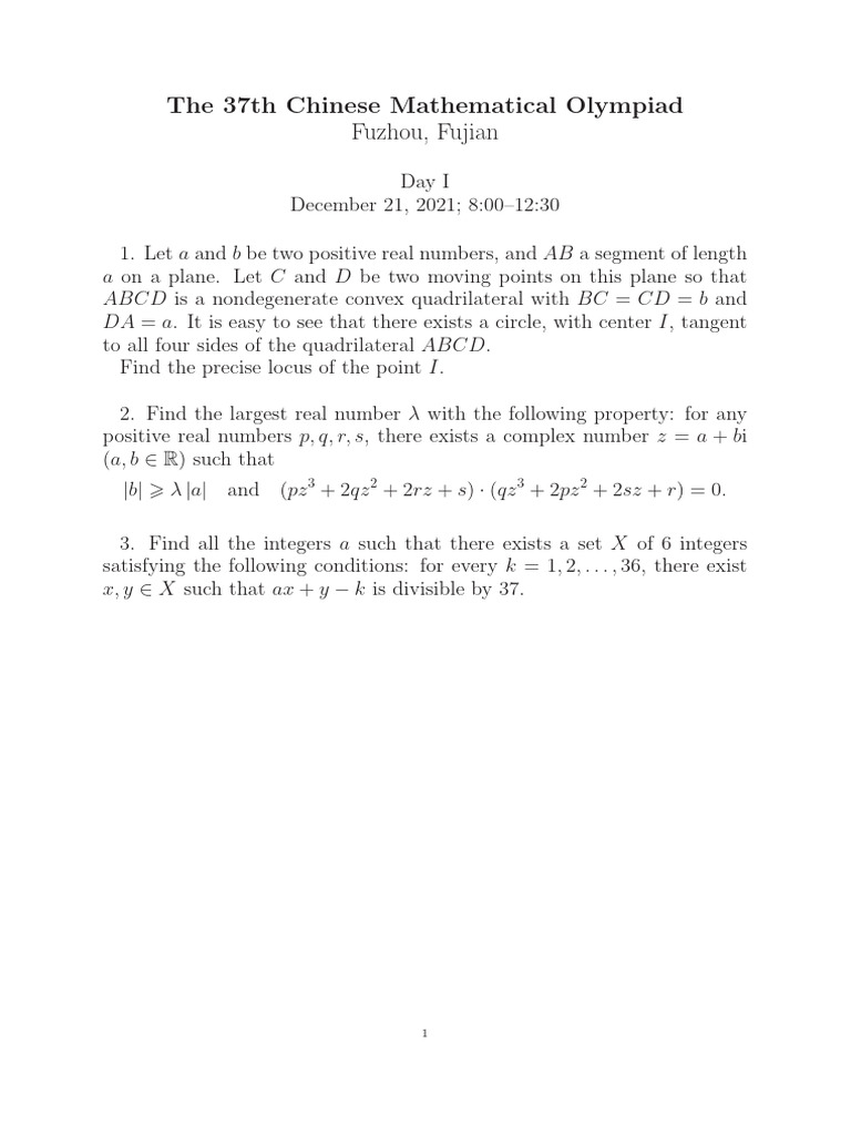 37th Chinese Mathematical Olympiad Problems | PDF