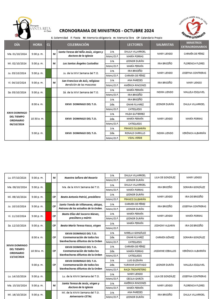 Cronograma Octubre 2024 | PDF | Fiestas cristianas y días santos ...