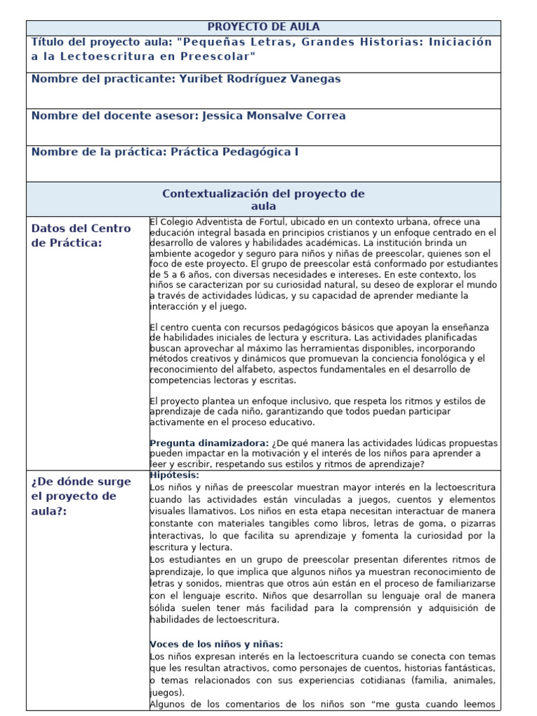 Formato Proyecto de Aula | PDF | Aprendizaje | Educación de la primera ...