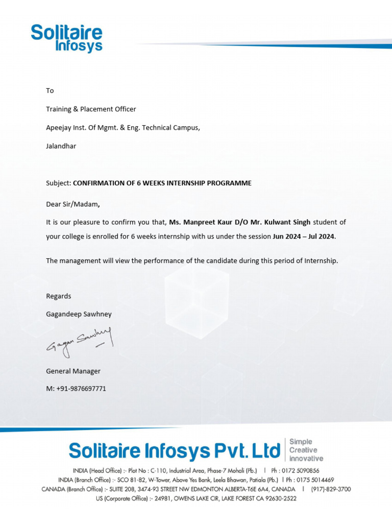 Confirmation of Internship for Manpreet Kaur | PDF