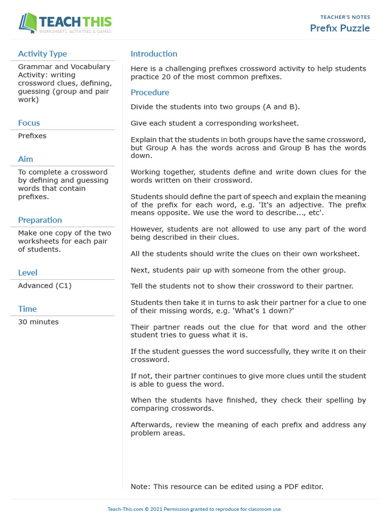 Prefix Puzzle PDF Crossword Syntax