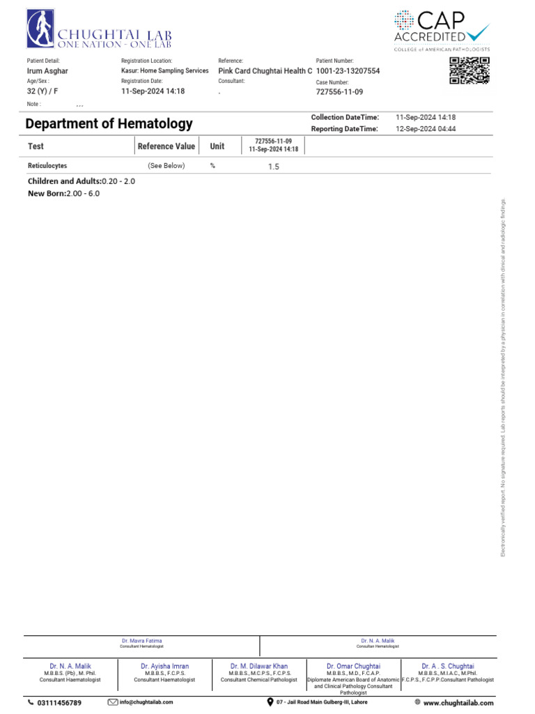 Hematology Lab Report for Irum Asghar | PDF | Pathology | Medical ...