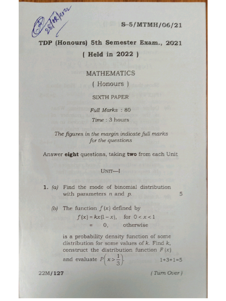 MATH (HONOURS) 5th semester (6th paper ) | PDF