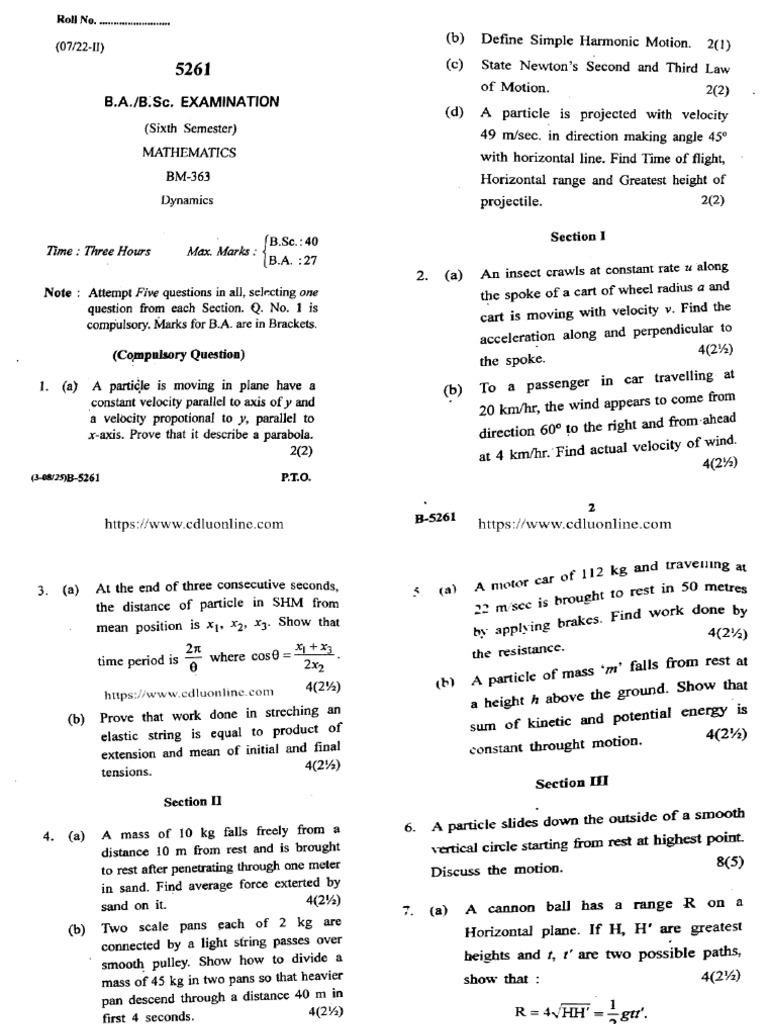 Ba BSC 6 Sem Mathematics Dynamics 5261 Jul 2022 | PDF