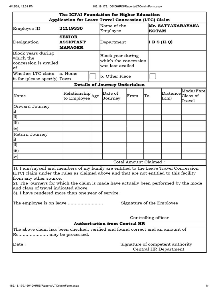 LTC Claim Form | PDF | Finance & Money Management