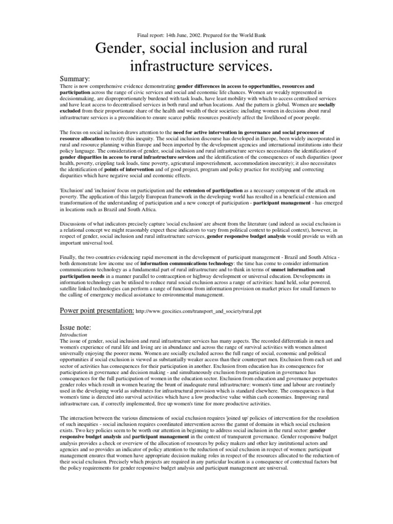 Gender and Social Inclusion in Rural Services | PDF | Social Exclusion ...