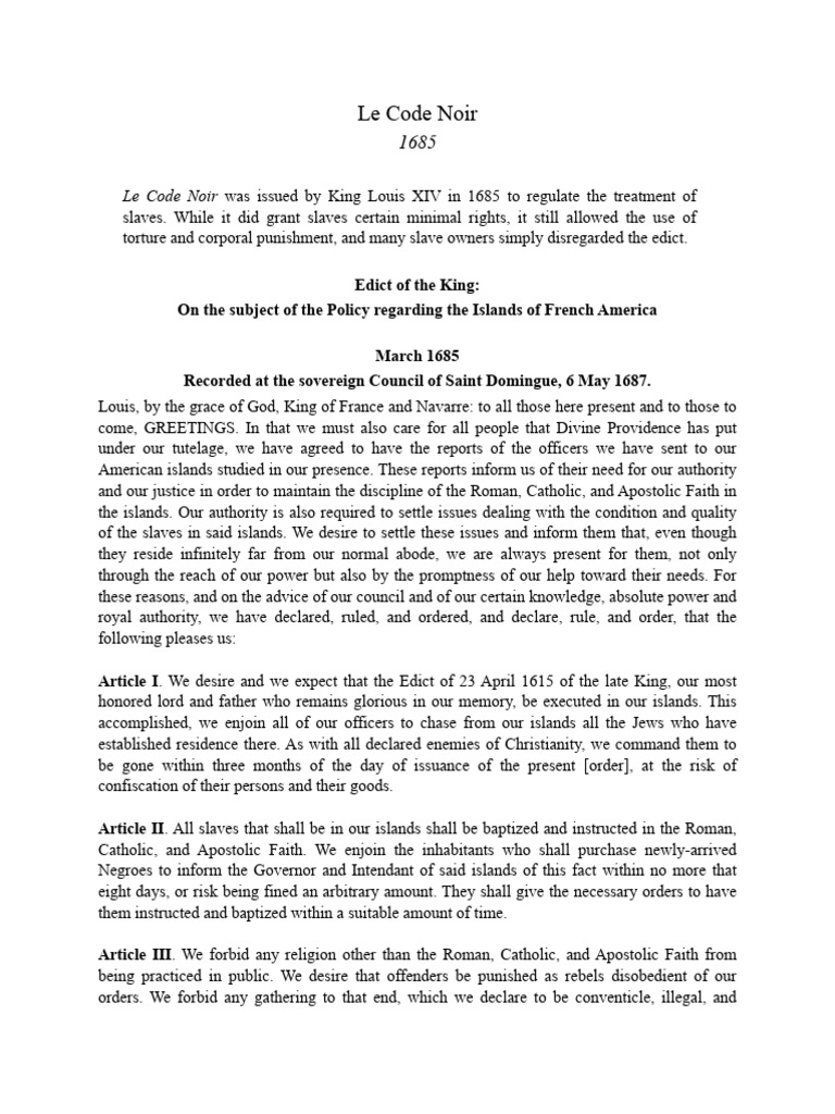 Overview of Le Code Noir 1685 | PDF | History