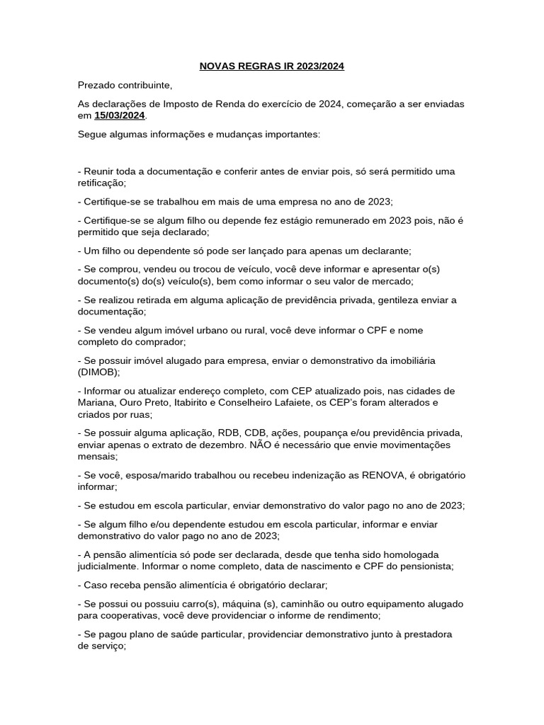 Novas Regras do IR 2024 | PDF | Economias