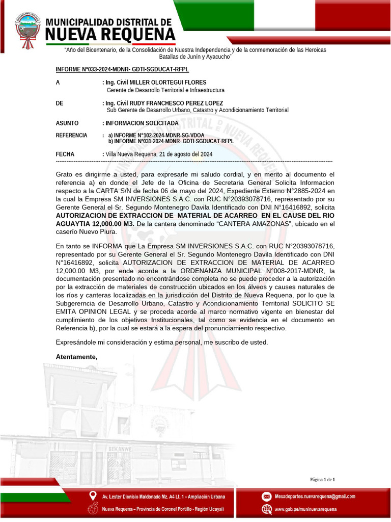 Informe N°033-Mdnr-Sgducat - Cantera Amazonas Informe de Estado | PDF