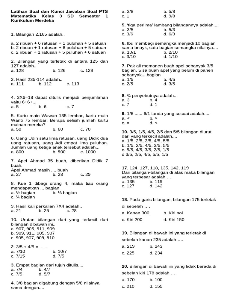 50 Soal Matematika Kelas 3 Semester 1 2025 + Jawaban Lengkap