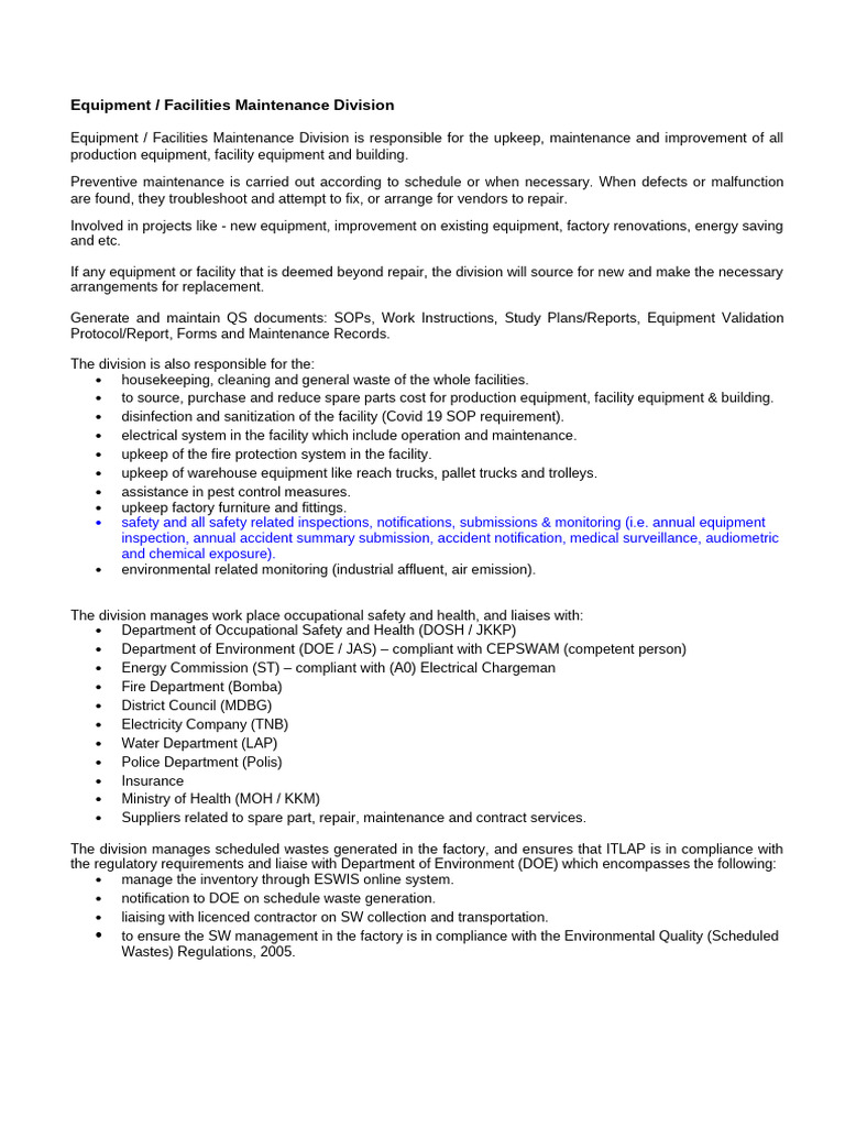 Equipment and Facilities Maintenance Overview | PDF | Regulatory Compliance