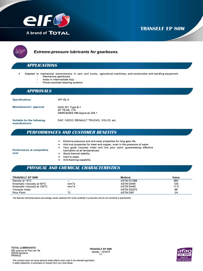 Elf Tranself Ep 80w Haa 201612 en | PDF | Lubricant | Viscosity