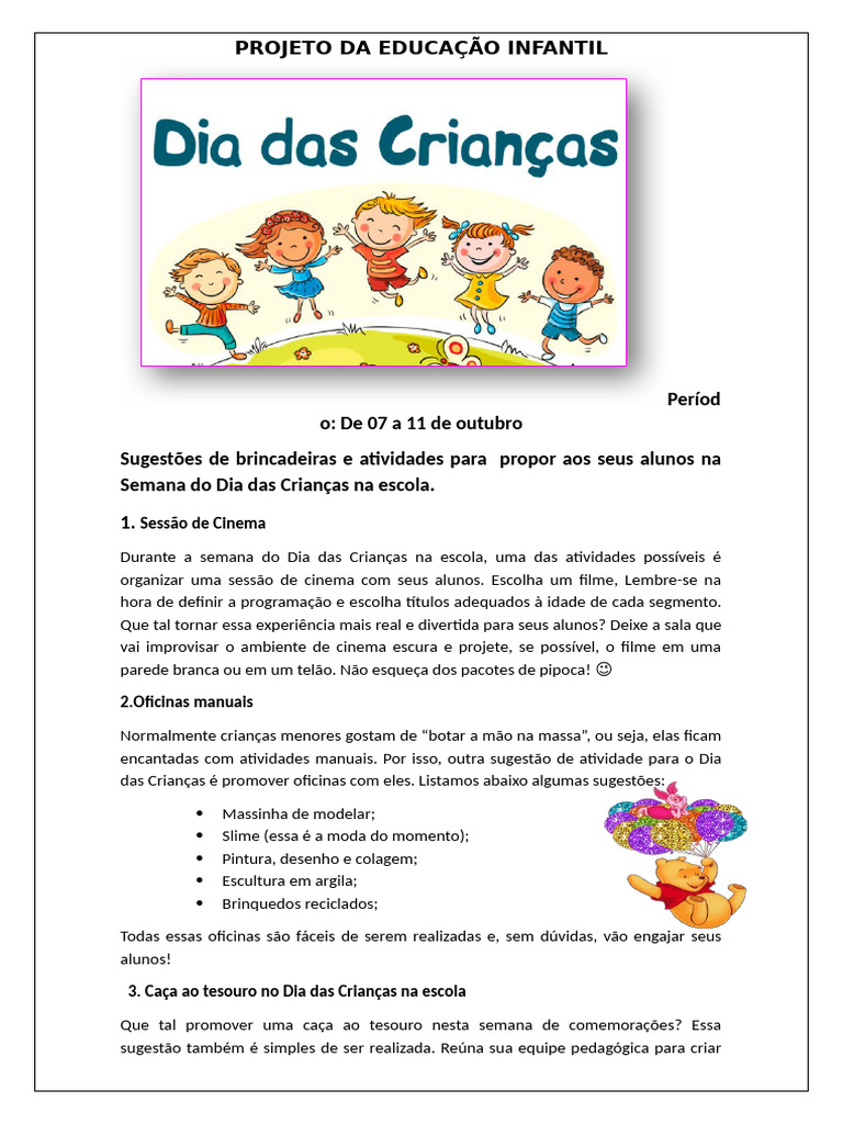 Projeto Dia Das Crianças 2024 | PDF | Pré-escola | Escolas