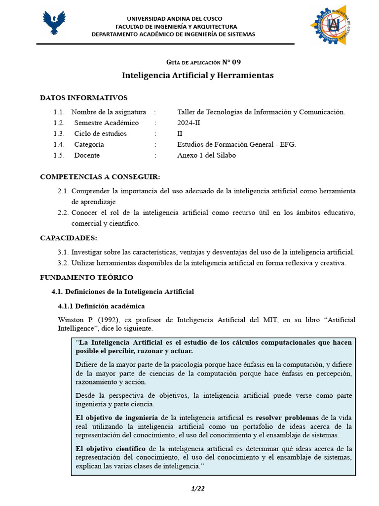 Guía de Inteligencia Artificial 2024-II | PDF | Inteligencia artificial ...