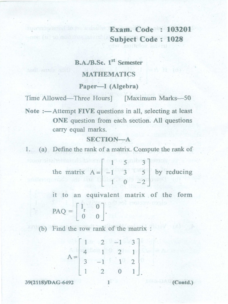 Math A Ba-Bsc 1st Sem 2018 | PDF | Matrix (Mathematics) | Eigenvalues ...
