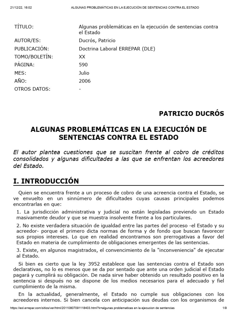 Algunas Problemáticas en La Ejecución de Sentencias Contra El Estado