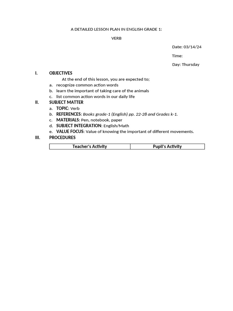 Detailed Lesson Plan in English Grade 1 | PDF | Verb | Lesson Plan