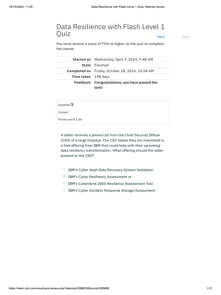 Data Resilience With Flash Level 1 Quiz - Attempt Review | PDF | Disaster Recovery | Backup