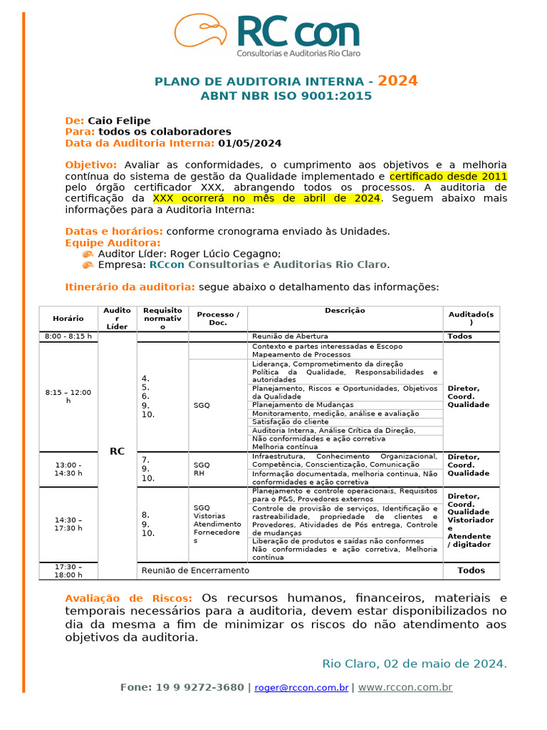 Plano de Auditoria Interna 2024 | PDF | Qualidade (negócios) | Gestão ...