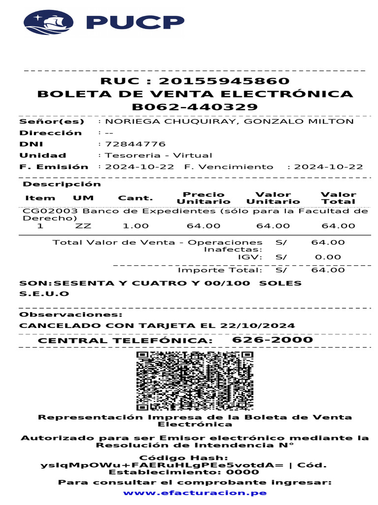 RUC: 20155945860 Boleta de Venta Electrónica B062-440329: Pontificia ...