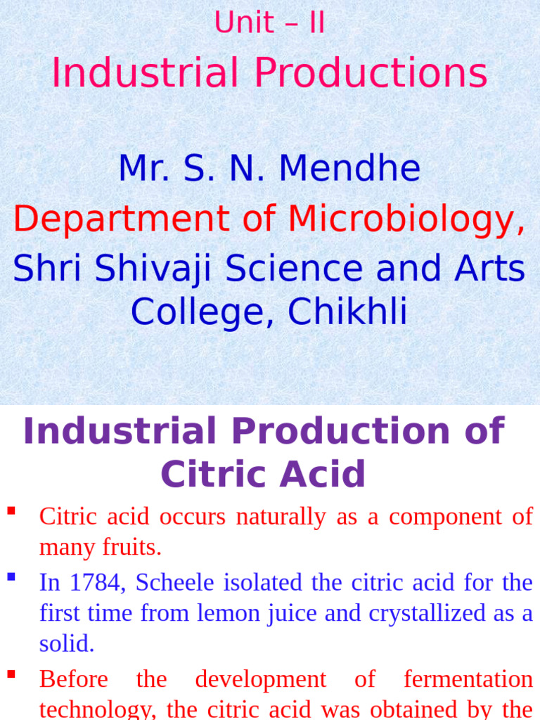 Industrial Production of Citric Acid | PDF | Acid | Fermentation