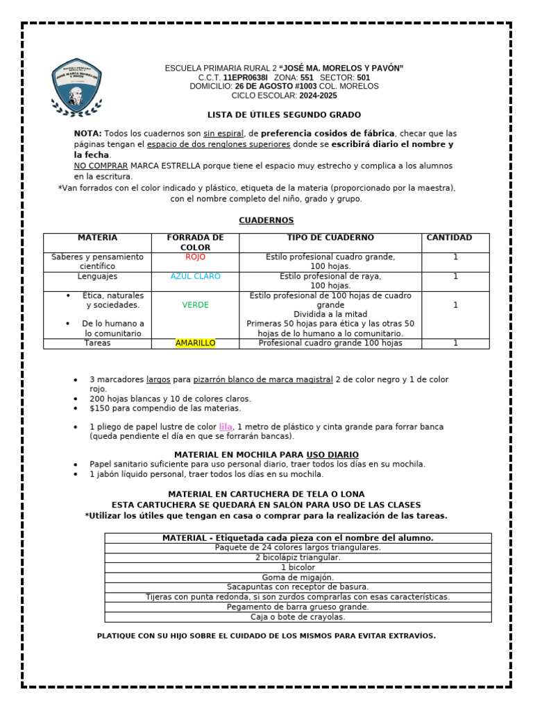 Lista de útiles segundo grado 2024-2025 | PDF | Color