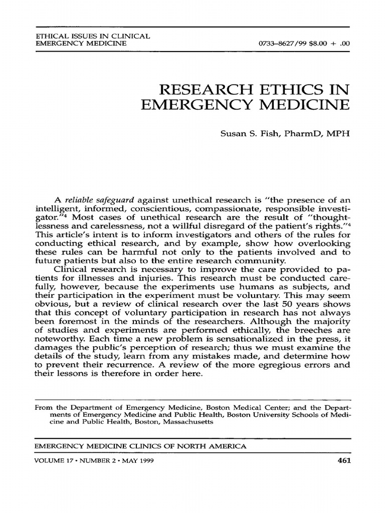 RESEARCH ETHICS IN EMERGENCY MEDICINE - Emc | PDF | Institutional ...