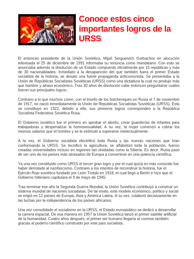 Conoce Estos Cinco Importantes Logros de La URSS | PDF | Unión ...