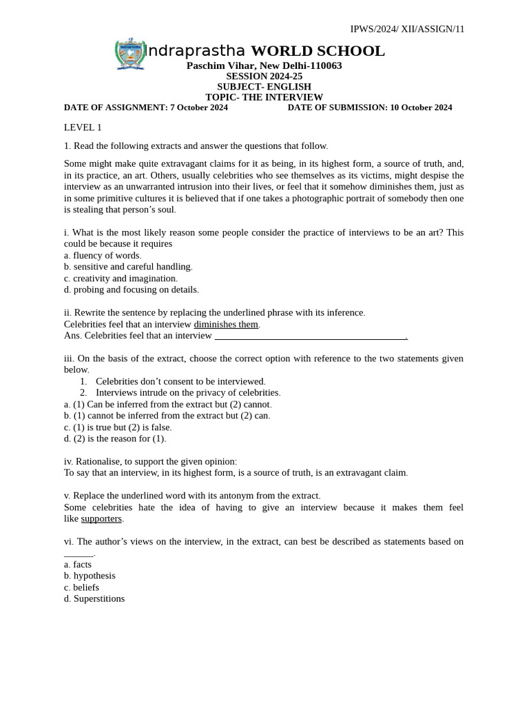 Class 12 English Assignment: The Interview | PDF | Epistemology ...