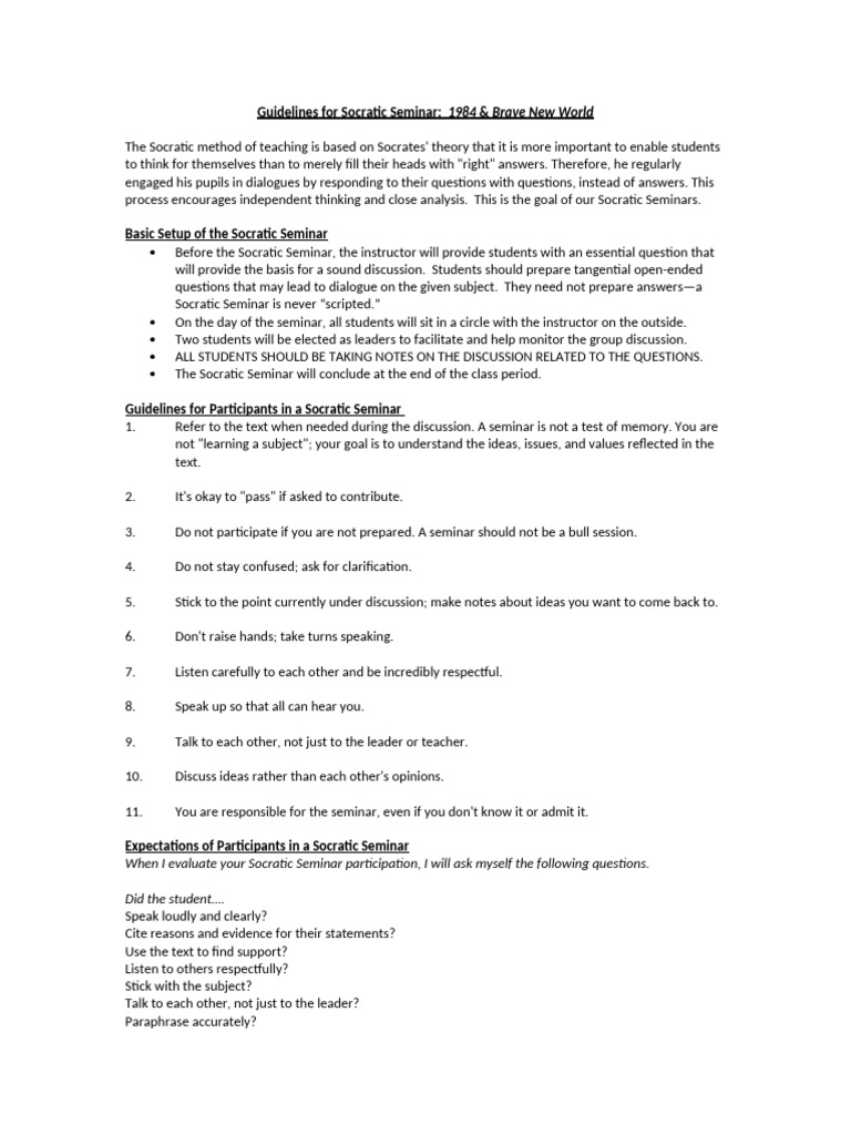 Guidelines For Socratic Seminar 1984 and Brave New World | PDF