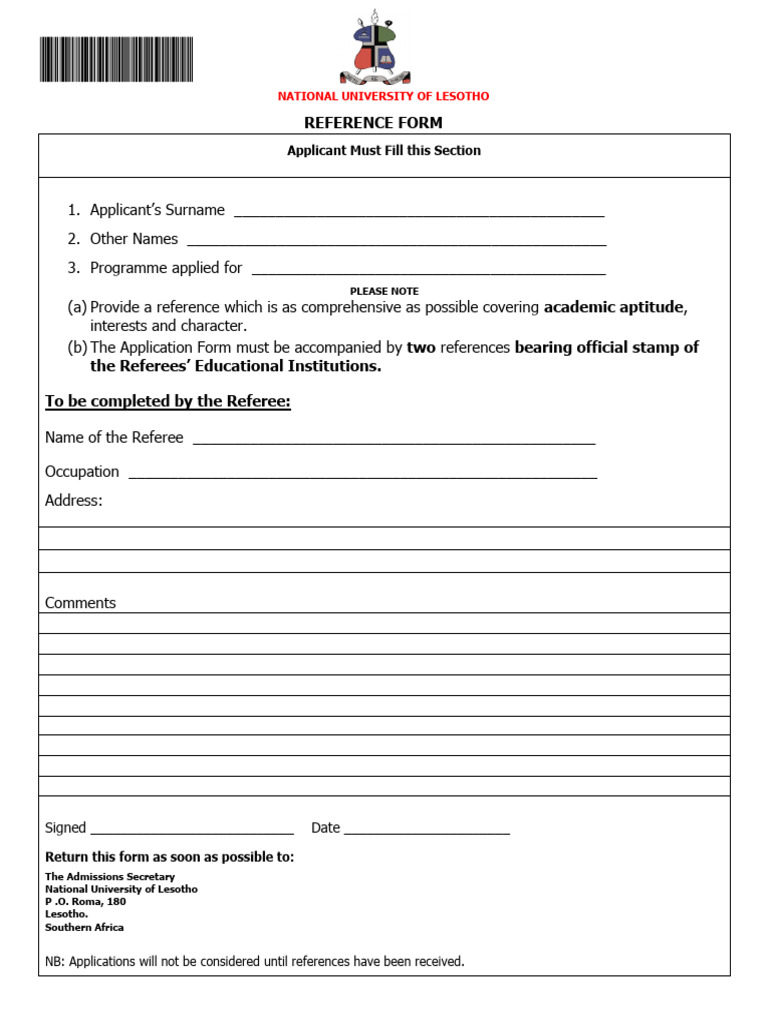 National University of Lesotho Reference Form | PDF