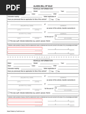 Alaska Motor Vehicle Bill of Sale Form