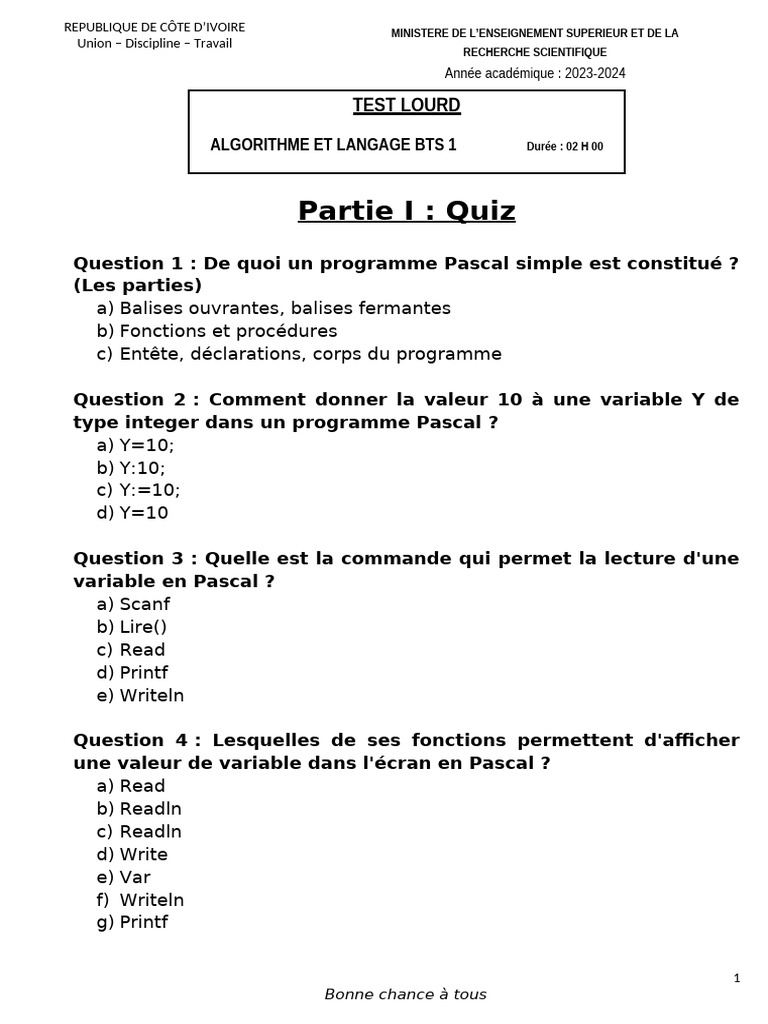 Sujet BTS 2024 : Algorithme et Pascal | PDF | Programme informatique ...