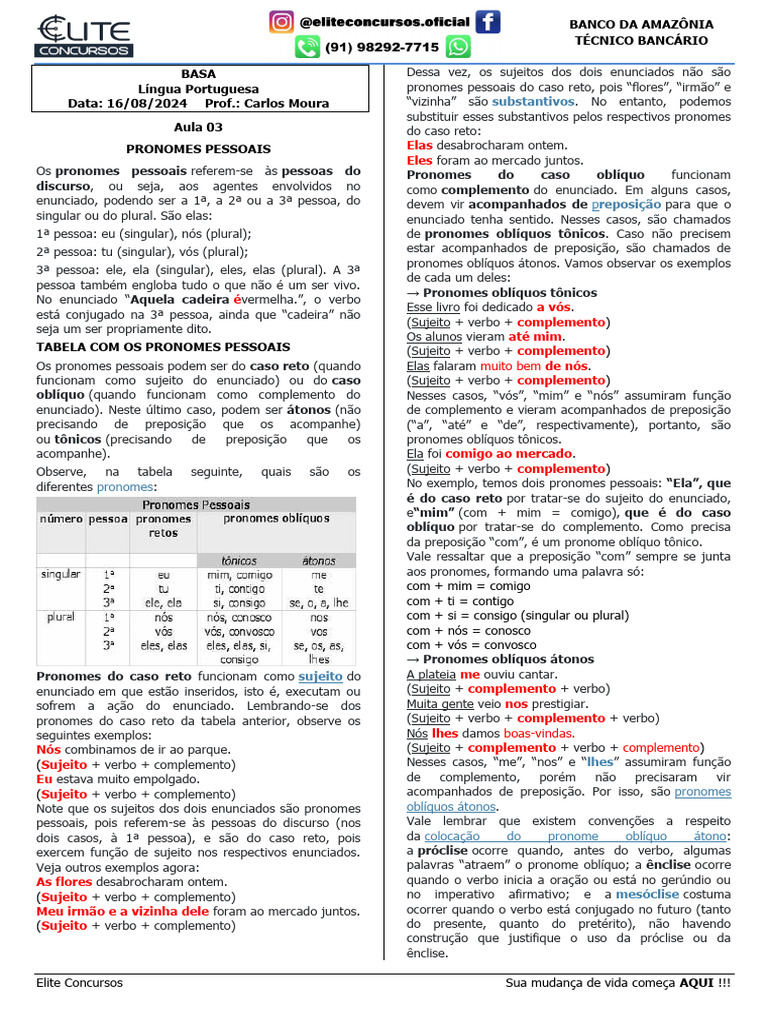 Pronomes Pessoais: Uso e Exercícios | PDF | Pronome | Assunto (gramática)