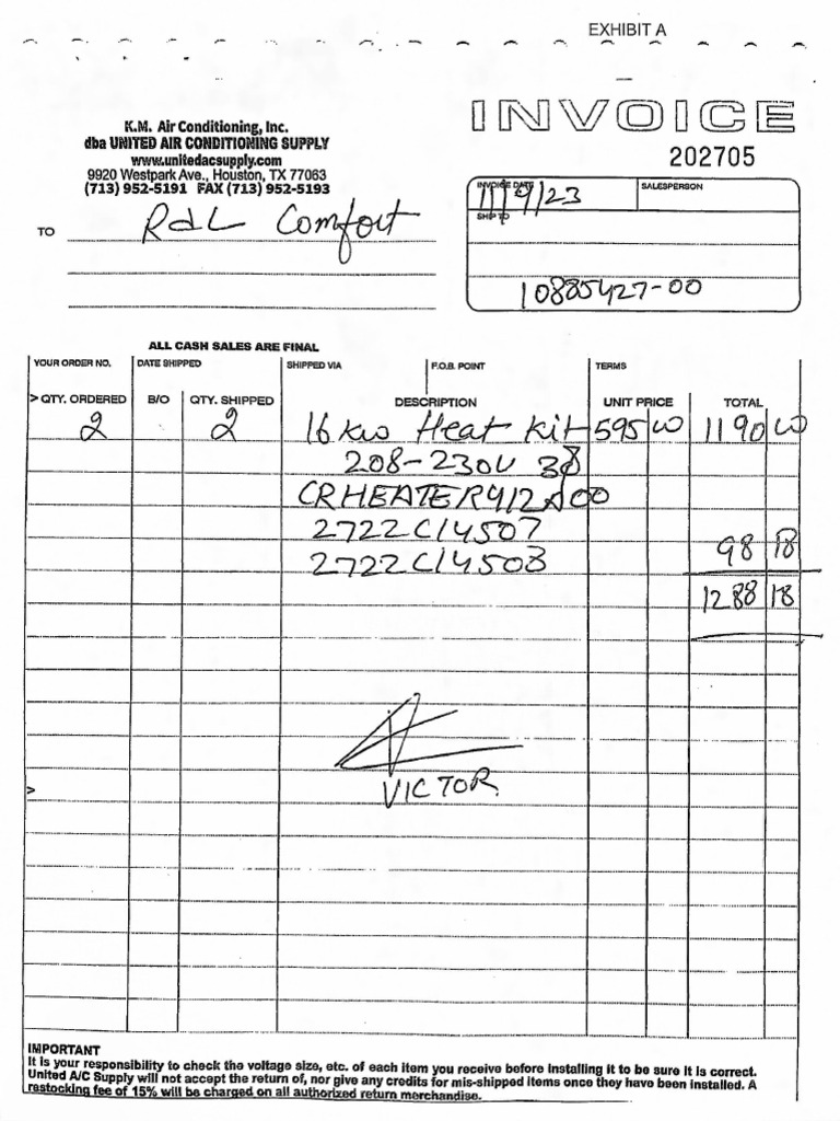 EX A Invoices, Returned Checks For Howard DR | PDF