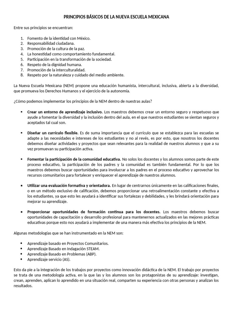 Principios de la Nueva Escuela Mexicana | PDF | Aprendizaje | Evaluación