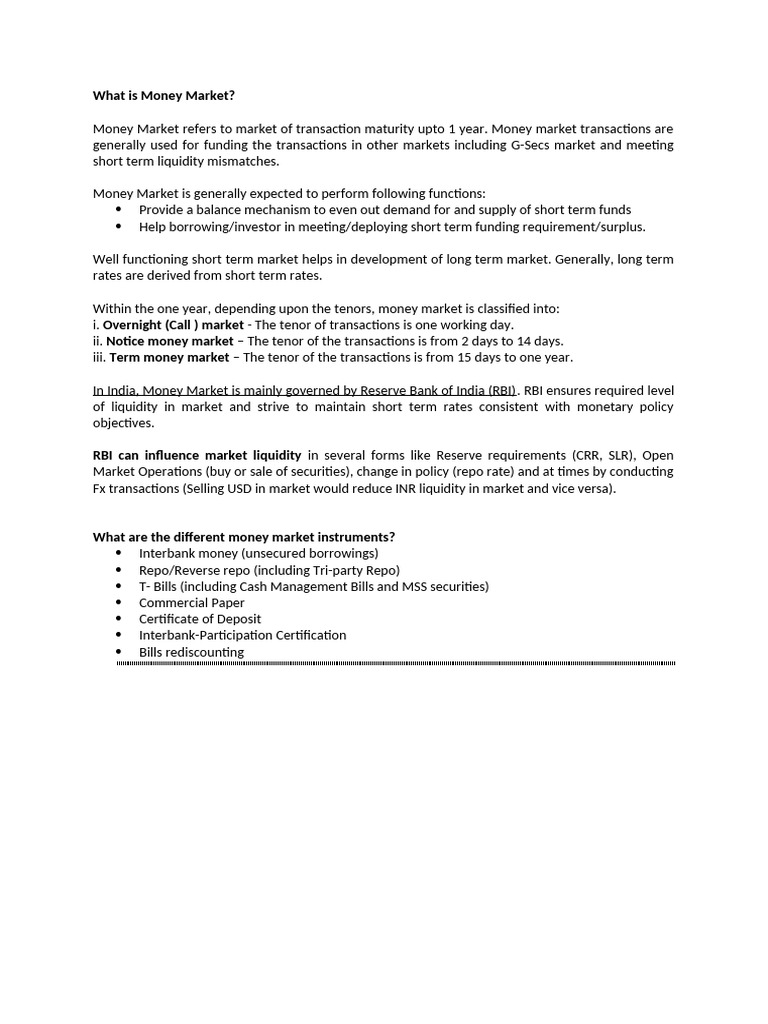 Money Market - Part I | PDF | Repurchase Agreement | Reserve Bank Of India