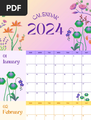 Purple Pastel Floral Minimal  Monthly Calendar 2024 Calendar