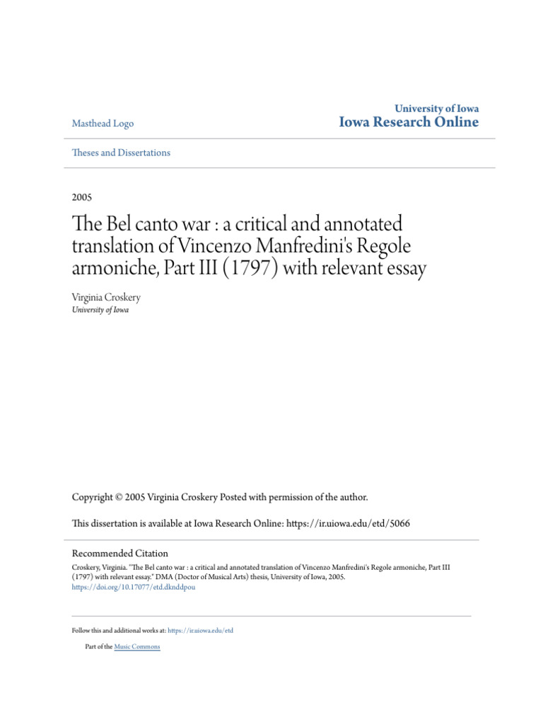 The Bel Canto War A Critical and Annotated Translation of